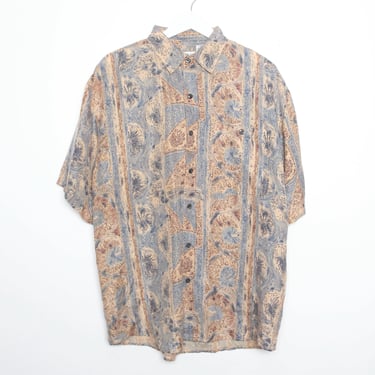 vintage 1980s/90s colorful BLUE & tan silk slouchy boxy men's SWIRL pattern button down fall shirt -- size medium 