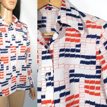 Vintage 70s Red White And Blue Abstract Print Blouse Size M 