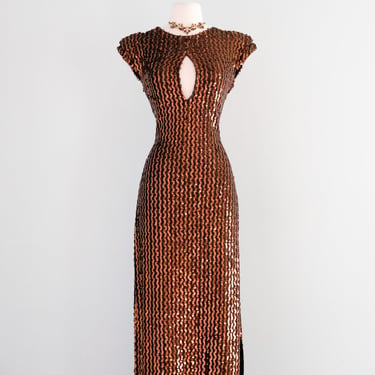 Sizzling CLIMAX COPPERTONE 1970's Sequin Lurex Gown / M/L