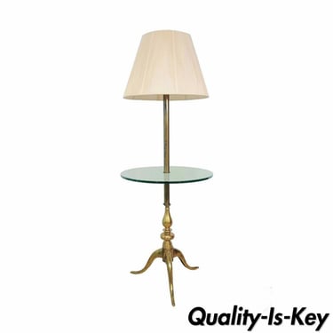 Vintage Solid Brass &amp; Glass Queen Anne Traditional Occasional Floor Lamp Table