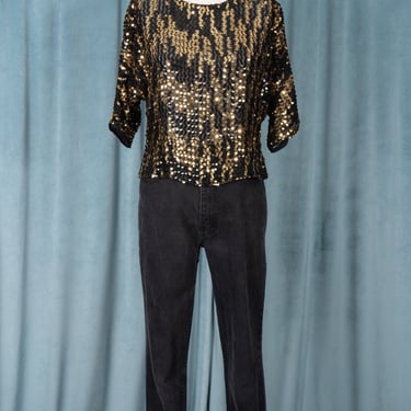 Vintage Late 70s Anthony Sicari Gold and Black Firestitch Sequin Crop Top with Dolman Half Sleeves 