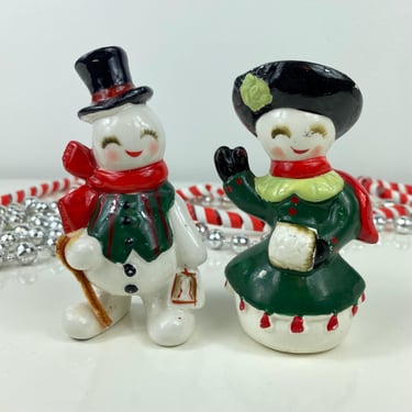 Vintage Christmas Salt and Pepper, 1950's Snowman Salt and Pepper Shakers, Figurines, Japan Snow Couple 1950's Christmas Decor, Mid Century 