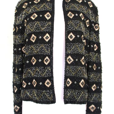 Vintage 1980s Papell Boutique Evening Sequin Jacket, Black Gold Beaded Embroidered Silk, M Women 