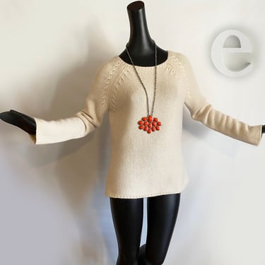 100% Cashmere Winter White Sweater • Sophisticated Minimalist Style • Very Thick & Warm Tunic Length Boat Neck Pull Over • Size Large 