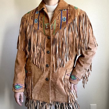 Vintage Marvin Richards Brown Suede Leather Fringe Beaded Western Hippy Jacket 