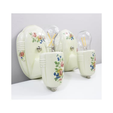 Refurbished Art Deco Porcelain Ivory Wall Sconce Pair - 1930's 1940's by Porcelier - Floral Details 
