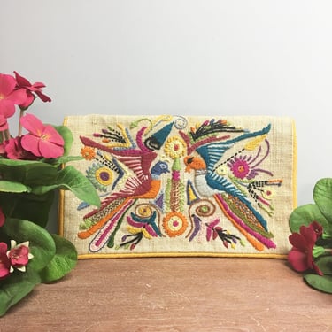 Folk art bird embroidery envelope clutch - linen bohemian handbag - 1970s vintage 
