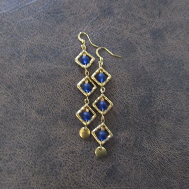 Long blue frosted glass and gold earrings, geometric earrings 