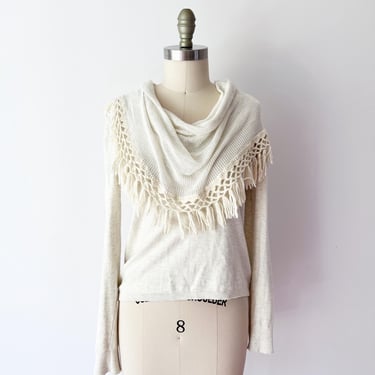 SIZE M Angel of the North Tasseled Cloud Cowlneck / Twee Anthropologie Y2K / Cream Knit  Sweater Cotton Soft Cowl Fringe 