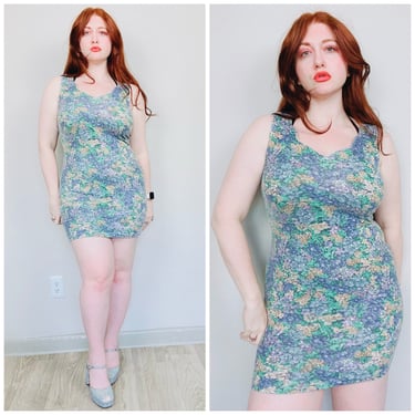 1990s Vintage Blue Floral Cotton Spandex Stretch Dress / 90s / Scalloped Body Con Flower Print Tank Dress / Size Medium 