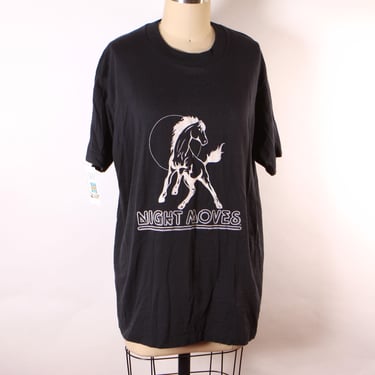 Deadstock 1980s Black Short Sleeve Single Stitch Bob Seger Night Moves Horse T-Shirt by Screen Stars 