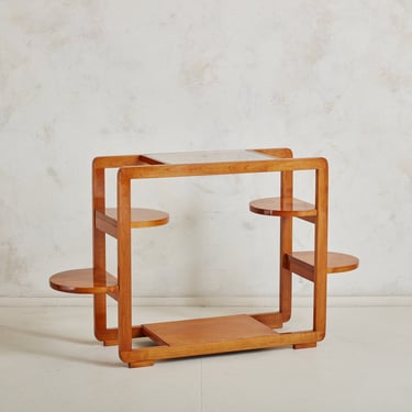 Wood + Glass Top Console Table with Tiered Shelves, Italy 1950s