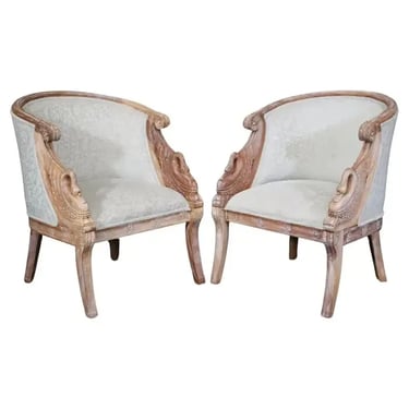 Nice Pair of White Washed Walnut Carved Swan Tub Style Bergere Chairs
