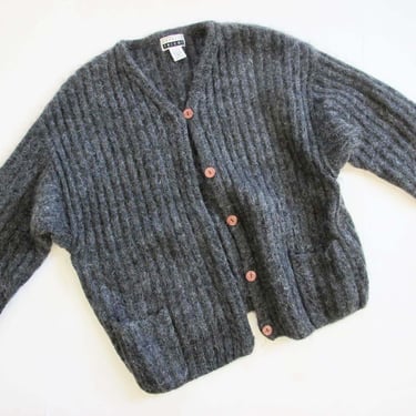 90s Mohair Blend Cardigan M - Vintage 1990s Ribbed Charcoal Grey Knit Cardigan Sweater Boxy Grunge - Express Tricot 