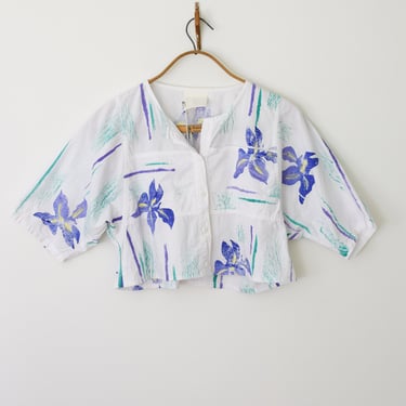 Vintage Hand Painted Cotton Top | S/M | White Cotton Cropped Blouse with Iris Print 