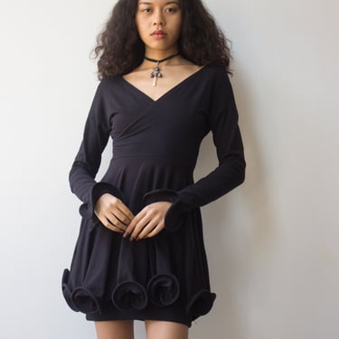1980s Weston Wear Black Stretch Cotton Dress with Wired Hem 