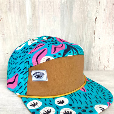 Handmade 6 Panel Hat, Triangle Front Baseball Cap, Turquoise Swirl Print Camp Hat, Snap Back Hat 