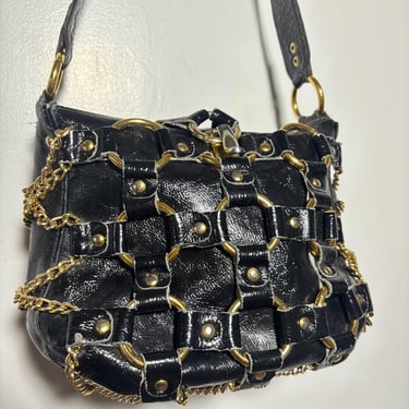 70s Italian Black Leather & Gold Chain Resigner Handbag - 