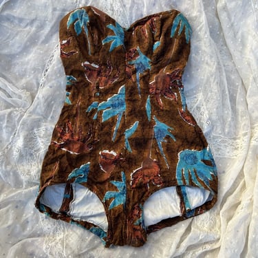 Vintage 1940s 1950s Brown & Blue Cotton Palm Tree Print Swimsuit Bathing suit