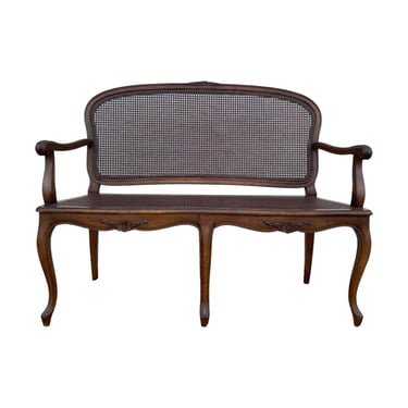 French Cane Settee with Carved Wood Details 47" - Vintage Dark Walnut Caned Seat & Back Bench Provincial Style Furniture 