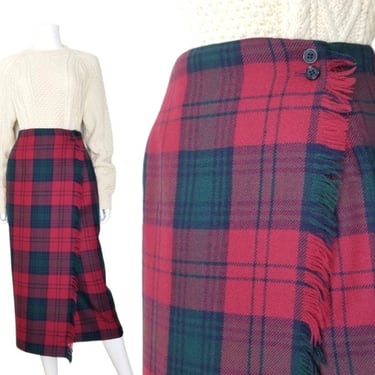 Vintage Tartan Plaid Wrap Skirt, Extra Small / Green and Red Plaid Pencil Skirt / Dark Academia Wool Midi Skirt 
