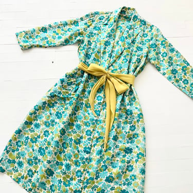 1950s Blue + Green Floral Silk Robe with Chartreuse Waist Tie 