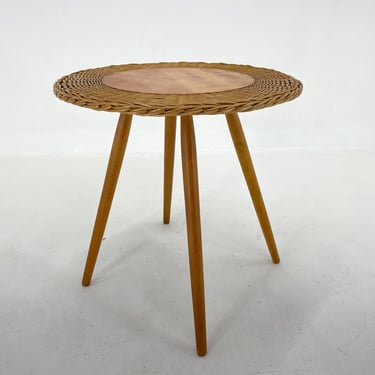 1970's Side Table by Jan Kalous fo ULUV, Czechoslovakia / Vintage Side Tabel / Wood & Wicker 