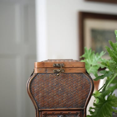 Vintage Rattan and Wood Tabletop Storage Chest 