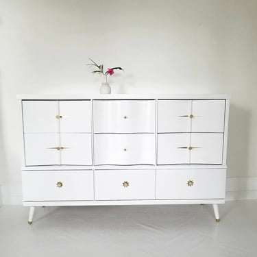 Sold##Beautiful mid century modern dresser, credenza, vintage white dresser, mcm dresser, boho, Hollywood Recency,  painted furniture NJ NYC 