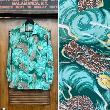 Vintage 1950’s “Kahala” Asian Dragon Silk Loop Collar Long Sleeve Hawaiian Shirt, Original, 1950’s Shirt, 50’s Vintage Clothing 