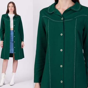70s Forest Green Button Front Dress - Medium | Vintage A Line Knee Length Collared Shirt Dress 
