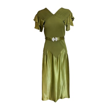 1930s Olive Green Satin &amp; Crepe Cocktail Dress with Belt