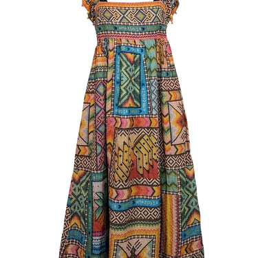 Farm - Yellow & Multicolor Print Midi Dress w/ Beaded Straps Sz S