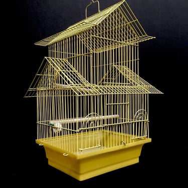 Vintage wire house birdcage double roof in yellow with accessories 