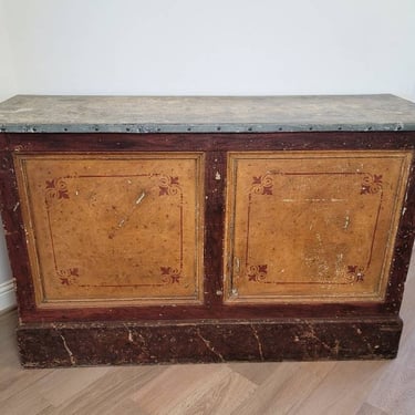19th Century French Painted Galvanized Top Early Mercantile Industrial General Store Counter - antique Kitchen Island Sideboard Buffet Bar 