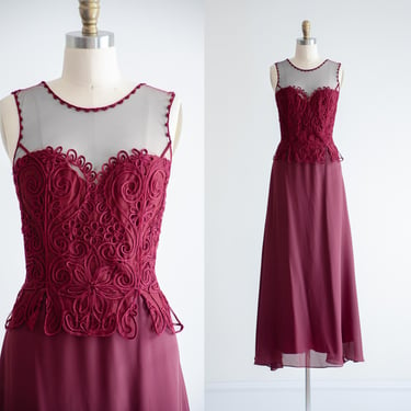 burgundy maxi dress 90s vintage red lace illusion long flowy gown 