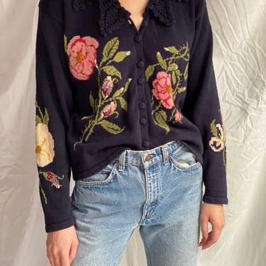 Vintage 90's Intarsia Sweater / Navy Floral Cardigan Sweater with Crochet Collar / Button Up Knit Top / Little Pink Flowers Knitwear 