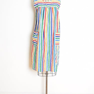 vintage 80s lounge dress white colorful stripe print babydoll smock dress M L clothing 