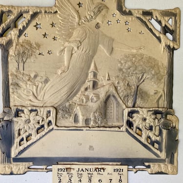 1921 Angel Calendar, Antique Glittery Christmas Angel, Yearly Paper Calendar, Winter Church Scene, Ephemera, Vintage 