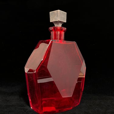 Art Deco Bohemian Czech Red Crystal Gem Decanter with Silver Stopper 