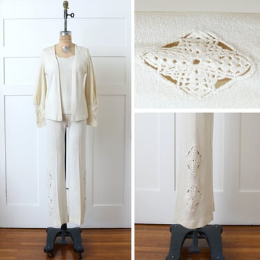 vintage 1970s crochet knit cut-out sweater set • ivory boho RNR cardigan & flare pants outfit 