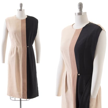 Vintage 1950s Dress | 50s NINA RICCI Couture Linen Color Block Hidden Pocket Earth Tones Cream Tan Wiggle Sheath Day Sundress (medium) 