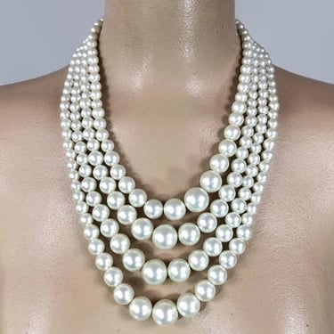 VINTAGE 50s Faux Pearl Graduated Beaded 4 Strand Necklace HONG KONG | 1950s Mid Century Long Bauble Bib Necklace | vfg 