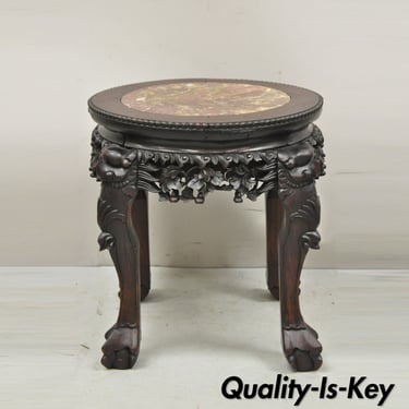 Antique Chinese Carved Hardwood Foo Dog Marble Top 18" Plant Stand Side Table