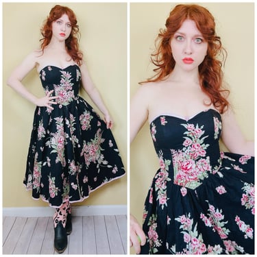 1980s Vintage Act 1 Dark Floral Cotton Coquette Dress / 80s Black and Pink Floral Boquet Strapless Sweetheart Gown / Small 