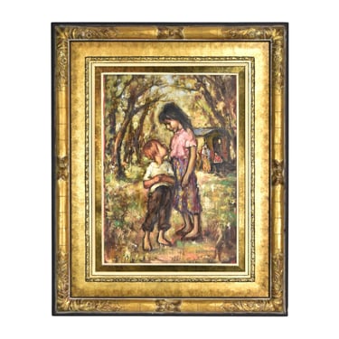 French Romani Gypsy Children Caravan Oil Painting signed Georgette Nivert 