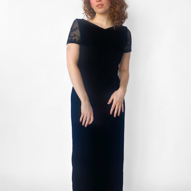 1990s Black Velvet Mesh Back Dress, sz. S