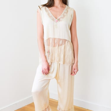 Antique 1920s Silk and Lace Pajama Set | M/L | Vintage 20s Camisole and Pants 
