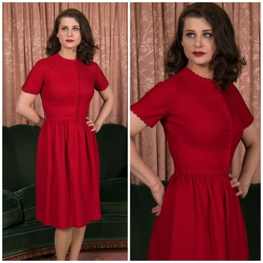 1950s Dress - Charming Vintage Late 50s/Early 60s Red Wool Day Dress with Shirtwaist Bodice by Lanz 