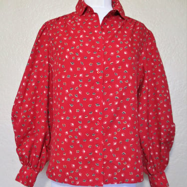 Vintage 1970s Puccini Top, Medium Women, Red Multicolor Floral Print, Statement Sleeves 